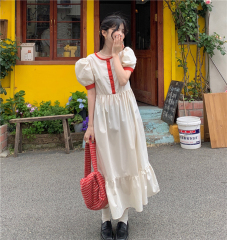 Real price ~ Xiaxin Korean version age reducing loose round neck bubble sleeve design contrast dress