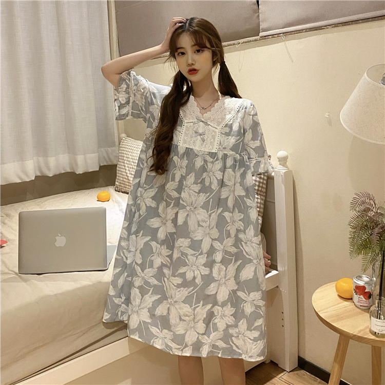 Real price ~ loose casual and versatile floral patchwork lace bow Pajama suit + nightdress