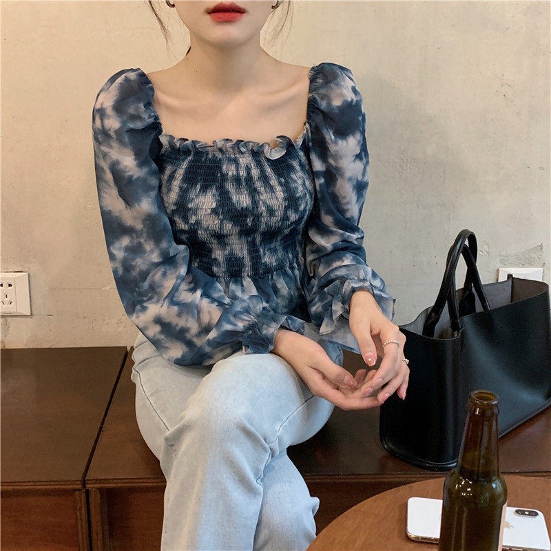 Real price ~ French ins personalized tie dye blouse with auricular edge pleated square collar Long Sleeve Jacket