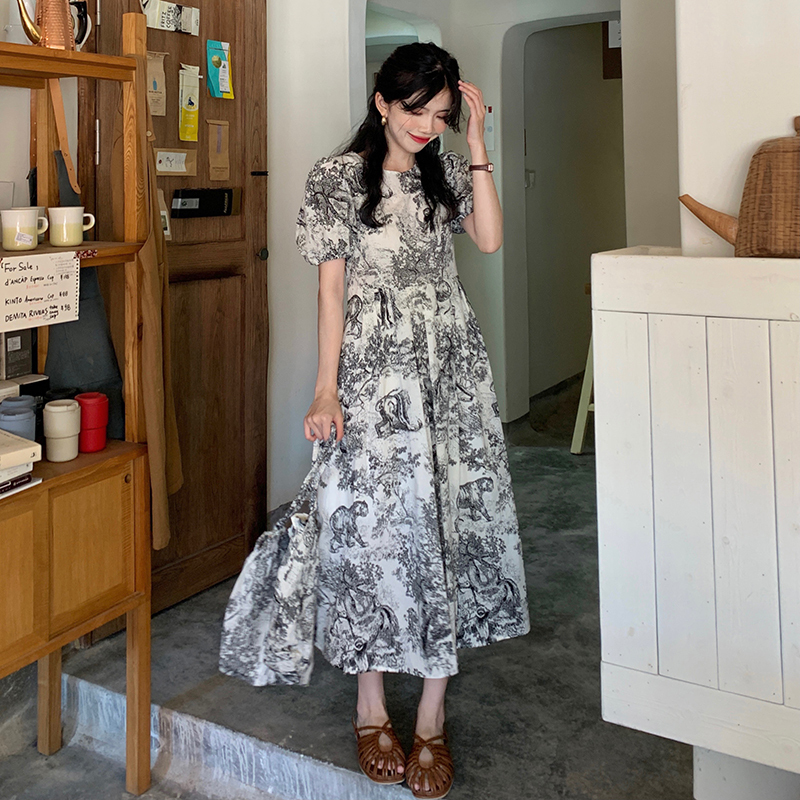 Real price ~ summer retro ink and wash printing bubble sleeve open back lace up dress + bag