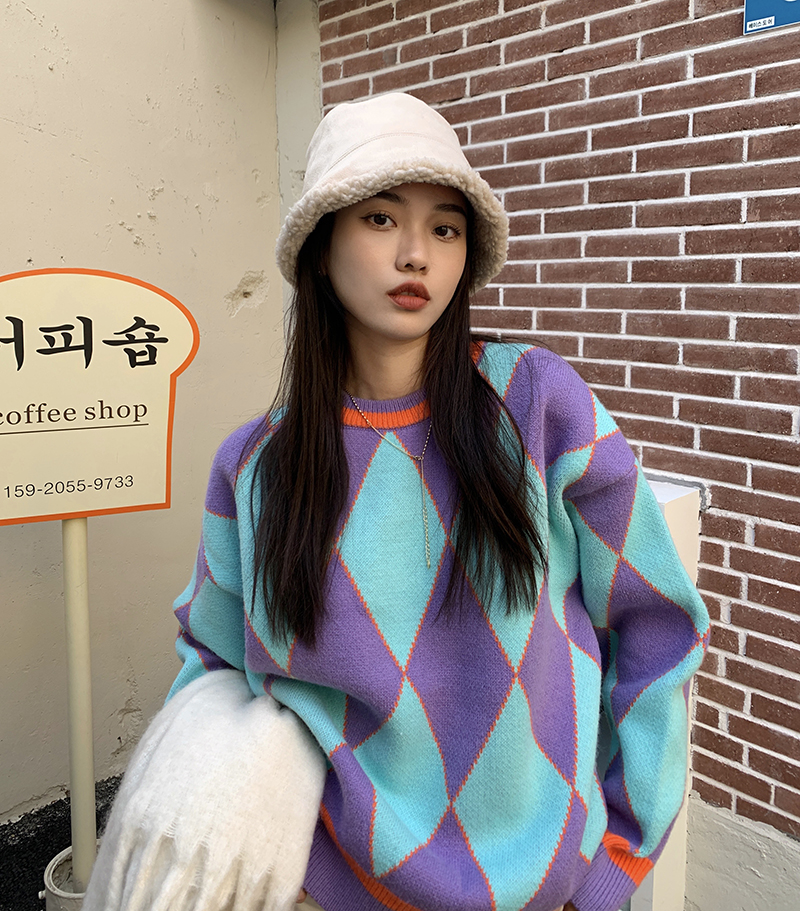 Real shot real price ~ foreign chic soft wind loose sweater color contrast Diamond Long Sleeve woman