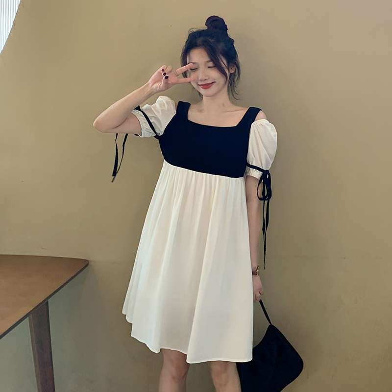 Real price ~ smart color contrast stitching versatile Platycodon grandiflorum skirt waist off shoulder lace up dress