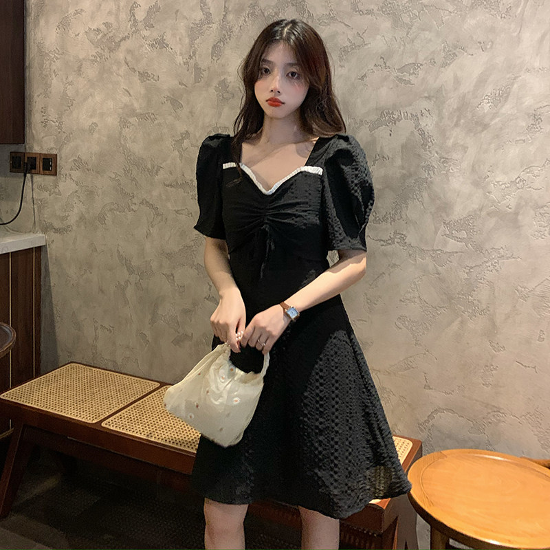Real price ~ French super fairy waist Platycodon skirt versatile bubble sleeve square collar dress