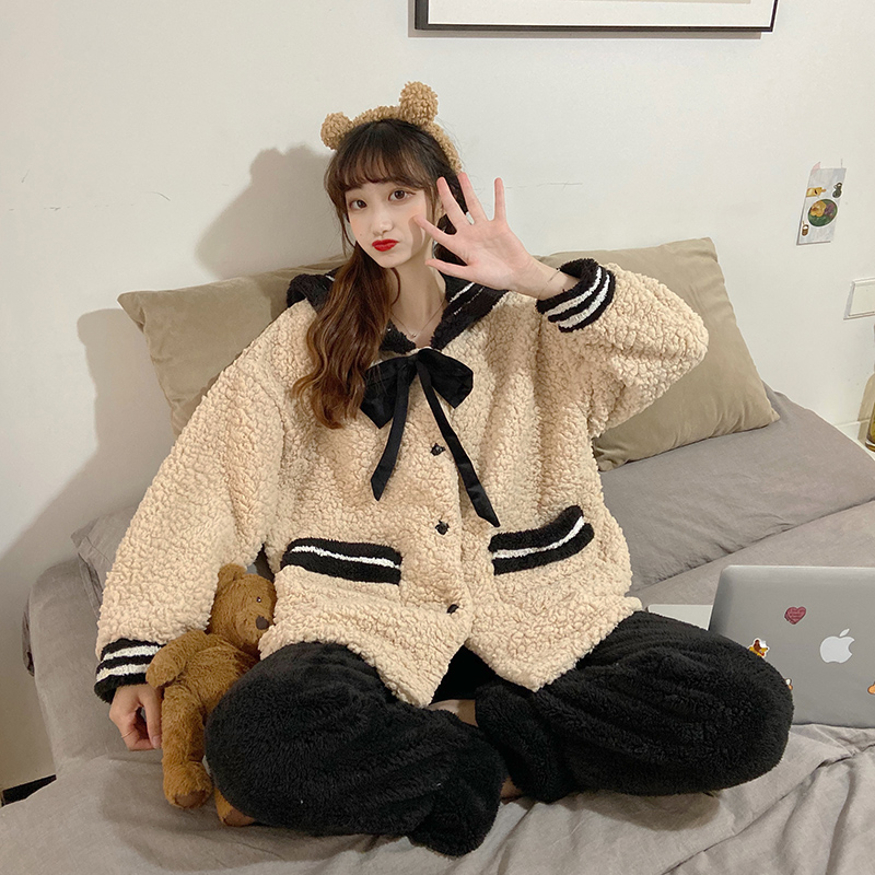 Two piece Navy collar pajamas with lambs wool