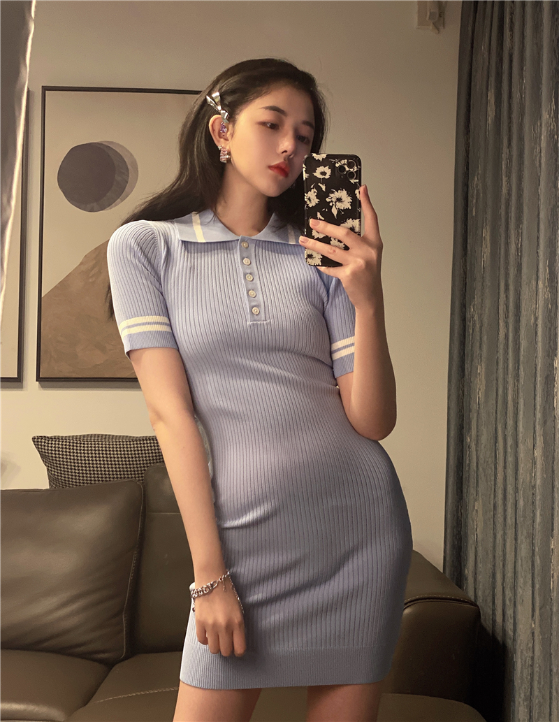 Real price ~ foreign fashion ins buttock knitted skirt women's sexy slim polo collar dress