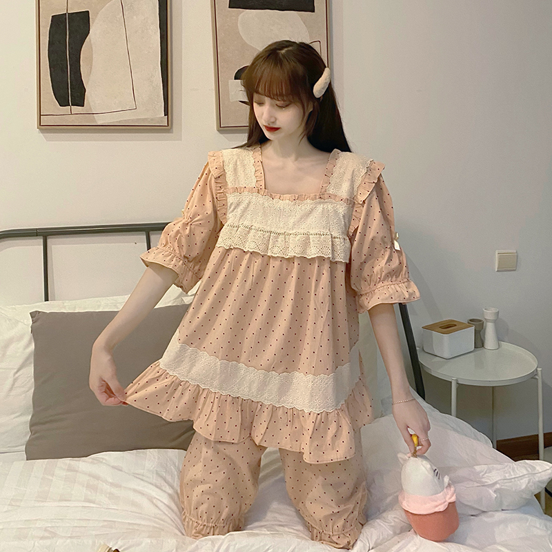 Real price ~ retro stitching embroidered edge nightdress loose wave point leisure summer home suit