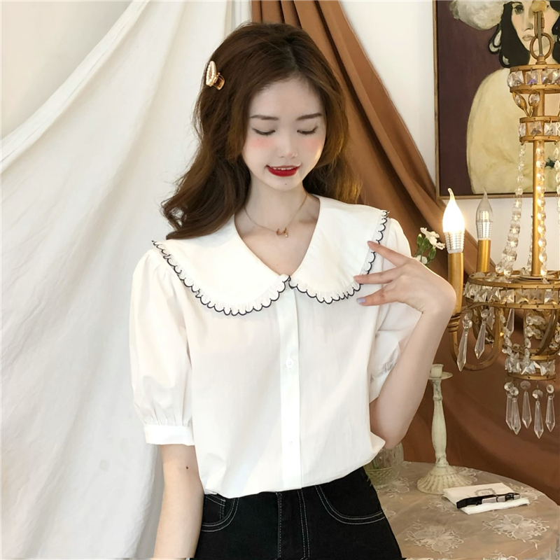 Real price ~ summer simple color contrast petal collar shirt women's short sleeve versatile cardigan casual top
