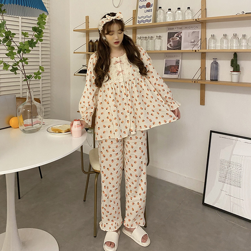 Real spring chic casual sweet bow fruit print pajamas suit