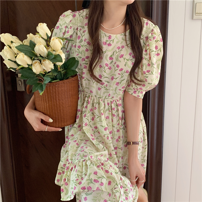 Real price ~ summer chic casual floral skirt women's waist irregular Ruffle Dress