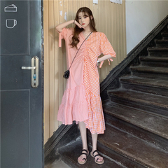Real price ~ Korean design pleated two color stitching loose and versatile sweet dress