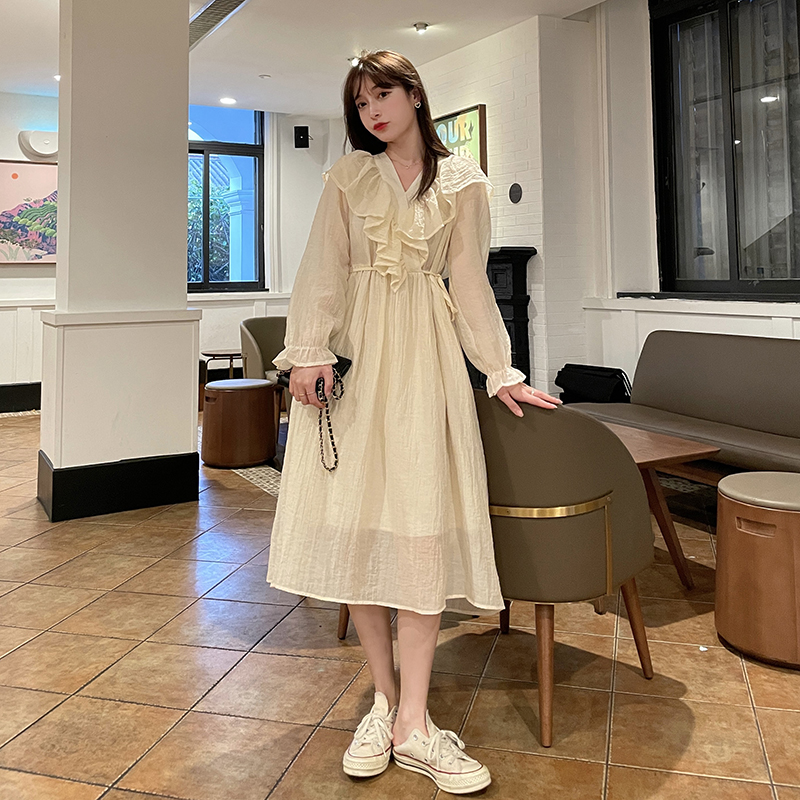 Real price ~ French Chic super fairy Ruffle V-Neck long skirt waist temperament fashion dress