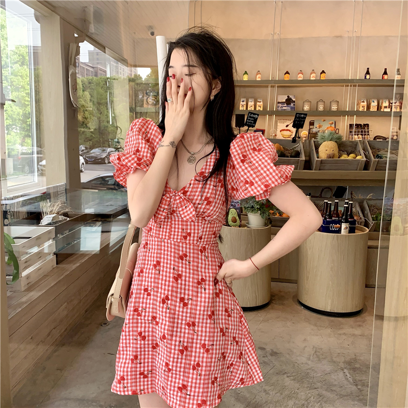 Real price ~ 2021 new sweet cherry plaid skirt bubble sleeve lace up bow dress