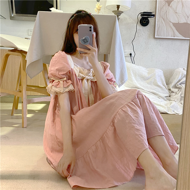 Real price ~ summer new French casual nightdress personalized bow square collar loose dress