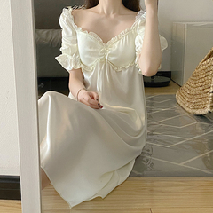 Real price ~ French sweet lace up home nightdress women's Auricularia square collar loose dress