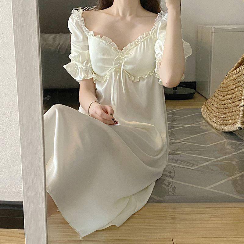 Real price ~ French sweet lace up home nightdress women's Auricularia square collar loose dress