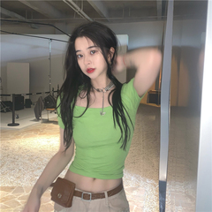 Real price ~ foreign style sexy slim T-shirt short open navel square collar fashionable bottom coat