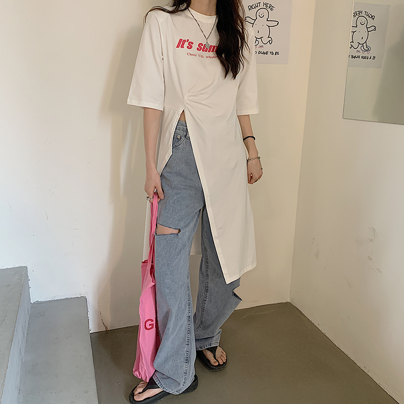 Real price ~ Korean ins trend irregular T medium length split slim letter top