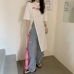 Real price ~ Korean ins trend irregular T medium length split slim letter top
