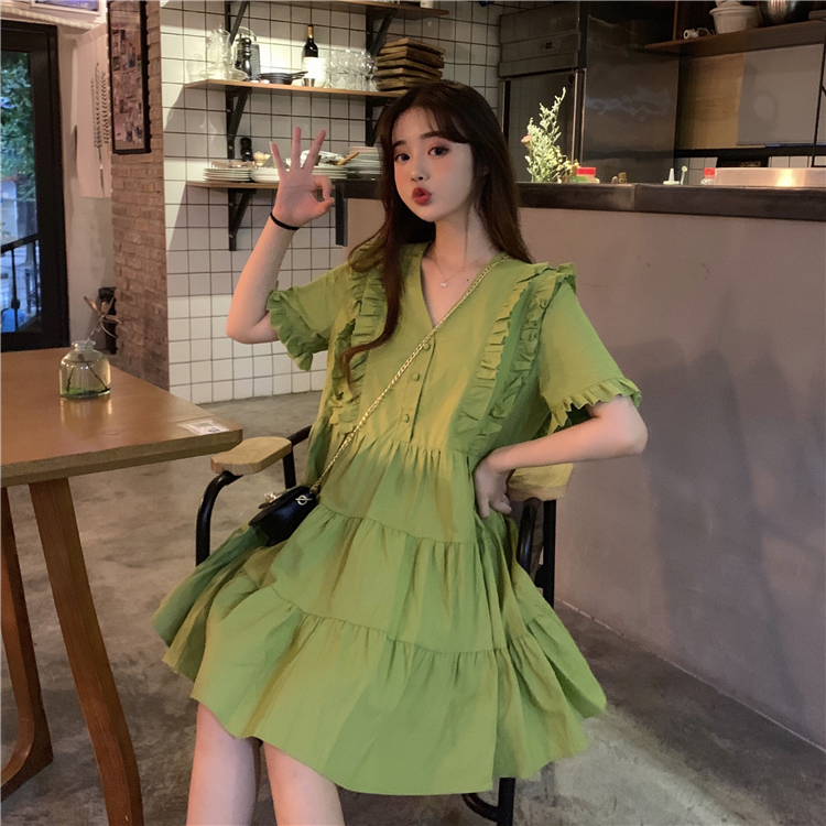 Real price ~ Korean style small fresh Avocado Green Baby Dress V-neck short sleeve dress with Auricularia edge