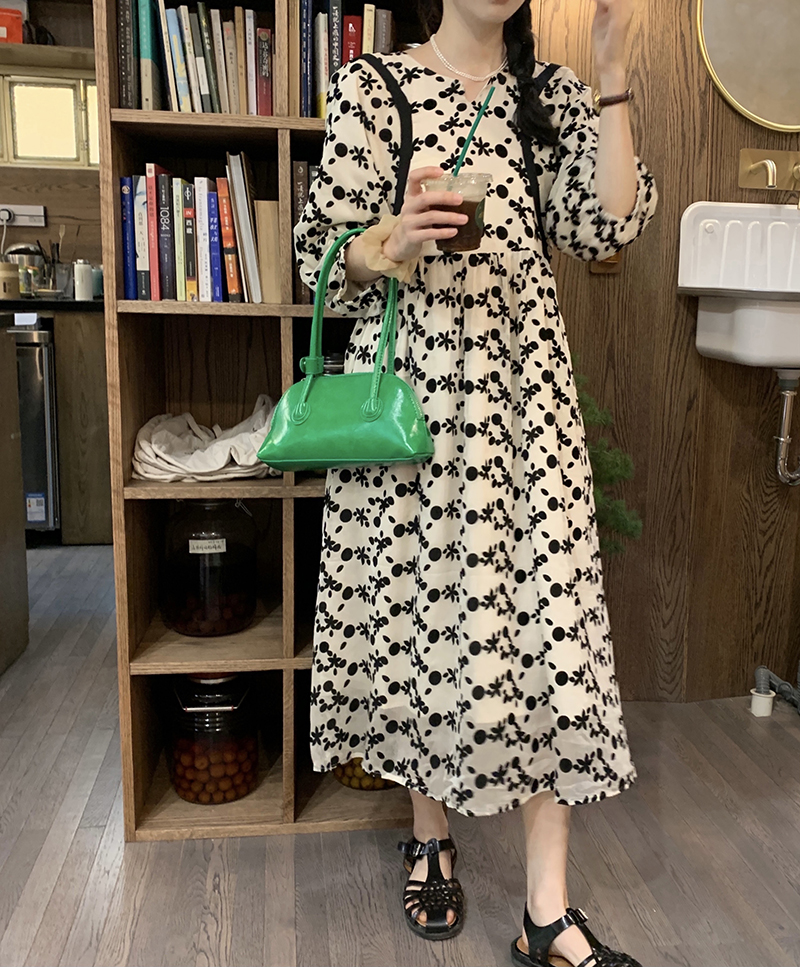 Real price ~ new chic contrast print skirt women's loose casual bubble half sleeve dress