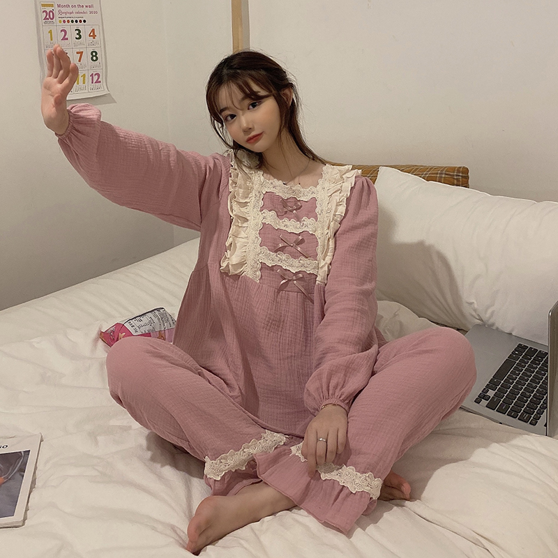 Real price ~ ins stitching embroidered bow loose two piece leisure home wear