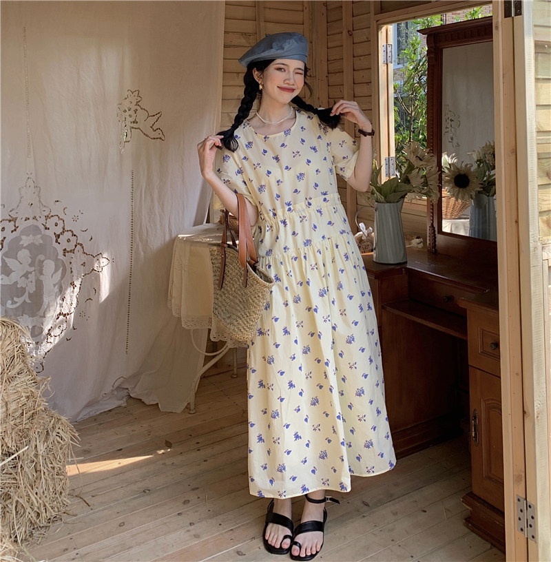 Real price ~ tender summer chic long skirt women's waist flowers sweet short sleeve dress