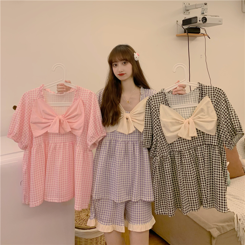 Real price ~ French Sweet Princess bow pajamas loose retro lattice home suit