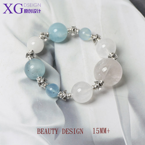 天然水晶手链女蓝白色手串