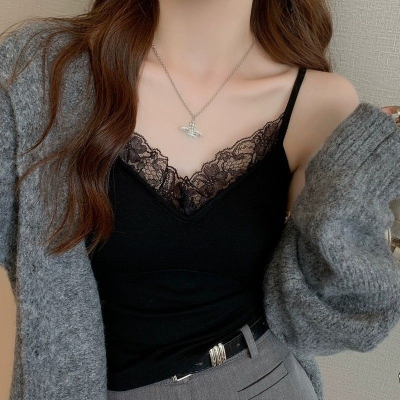 黑色吊带背心女秋冬加厚磨毛内搭带胸垫蕾丝打底衫高级感毛绒上衣