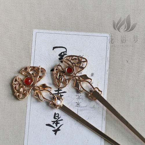 花影唐风叶纹玛瑙淡水黄铜发簪