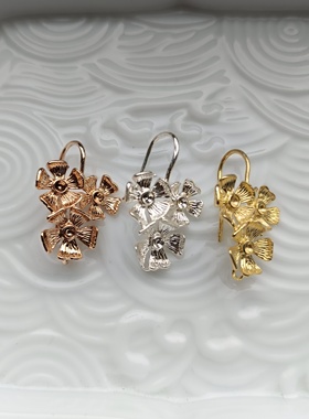 花影梦古风汉服步摇发簪DIY配件头饰品材料*黄铜三朵花耳勾CZ057