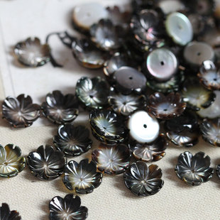 7/10/12mm黑蝶贝碗花胸针耳钉手链发簪*花影梦饰品DIY配件材料