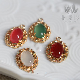 铜质保色椭圆红白绿玛瑙挂坠吊坠*花影梦发簪发饰头饰DIY配件