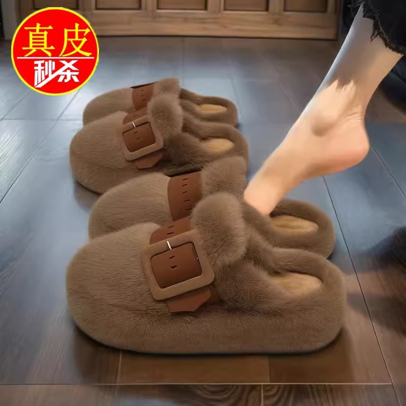品牌包头毛毛拖鞋女秋冬外穿2025新款网红爆款厚底松糕毛绒拖s372
