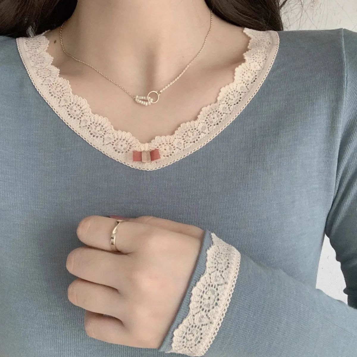 德绒保暖内衣女秋冬季蕾丝花边少女秋衣秋裤修身美体打底衫保s452