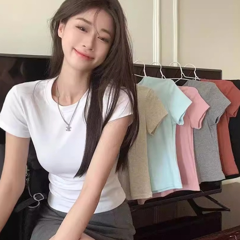 2025春秋新款外贸白色短袖t恤女打底衫女装韩版修身辣妹内搭上衣