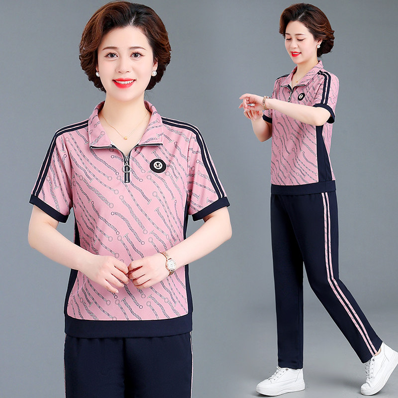 中年妈妈短袖运动服套装女夏季2023新款立领t恤洋气中老年两件套