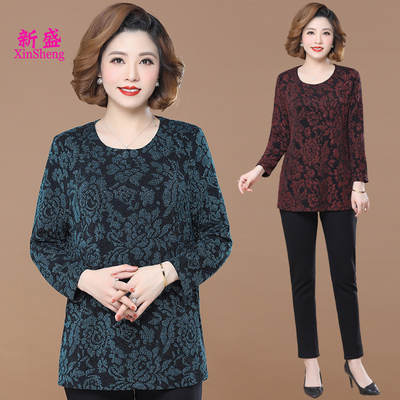 特大码秋季长袖T恤中老年女装