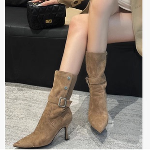 美拉德风皮带扣堆堆靴女尖头细跟高跟中筒短靴麂皮靴子