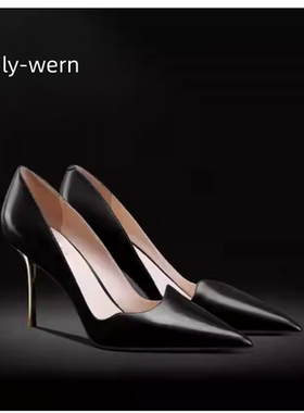 lily-wern黑色浅口尖头高跟鞋女细跟职业百搭工作单鞋