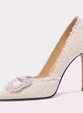 高跟鞋女2026新款白色方扣水钻尖头细跟气质高级小个子胖脚宽单鞋