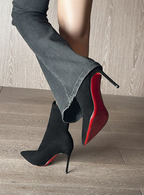 弹力袜靴尖头短靴细跟高跟鞋女秋冬2025裸靴女红底单靴瘦瘦靴绒面