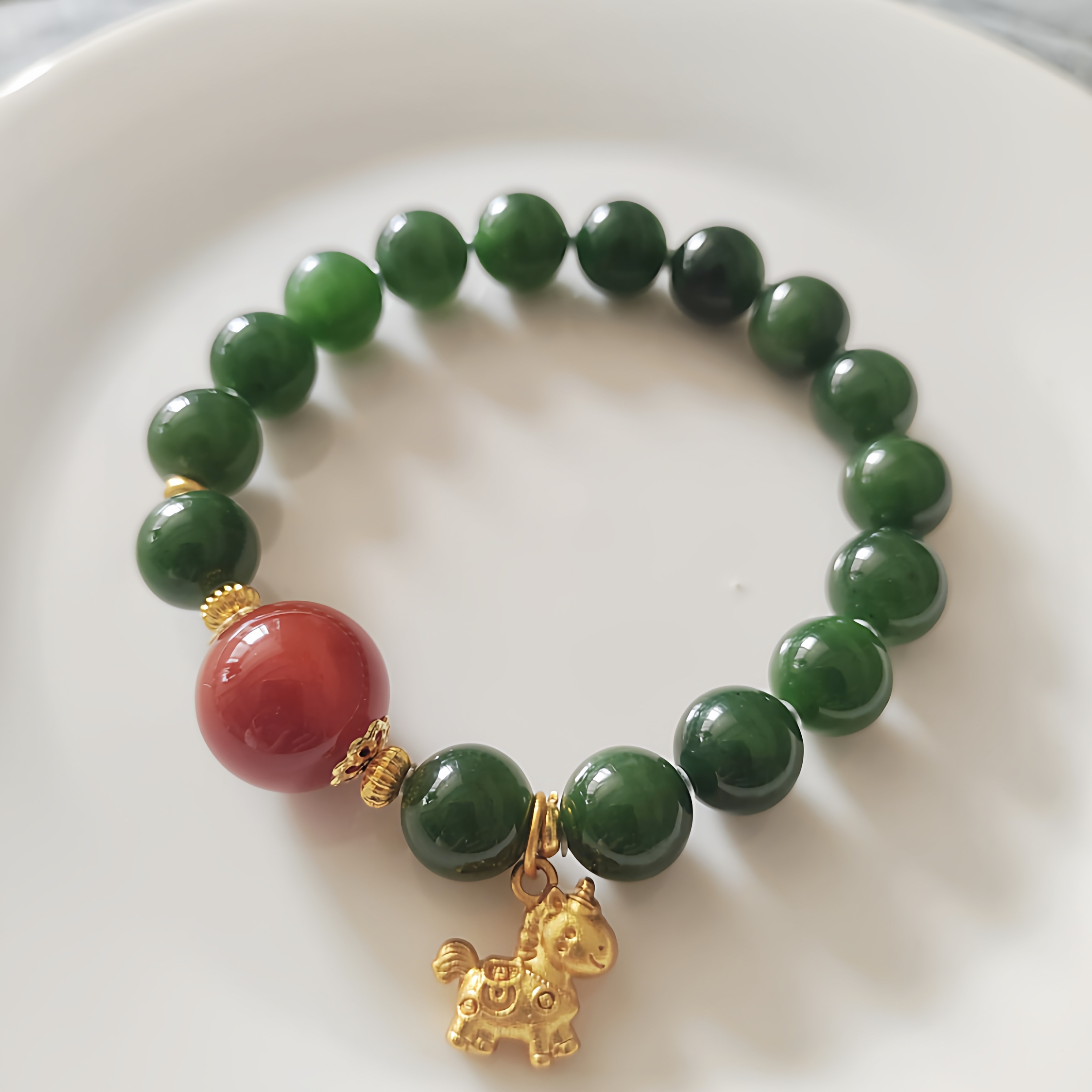 俄料红皮老料和田碧玉辣菠菜绿手串南红玛瑙手链饰品礼物气质高级