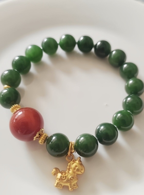 俄料红皮老料和田碧玉辣菠菜绿手串南红玛瑙手链饰品礼物气质高级
