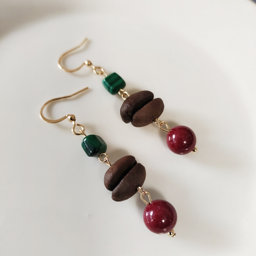 孔雀石朱砂紫金砂咖啡豆耳环耳饰耳链新中式复古风圣诞高级感原创