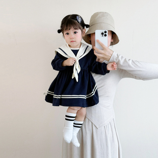 女童连衣裙秋装女宝宝海军风洋气时髦长袖薄款公主裙小童春秋裙子
