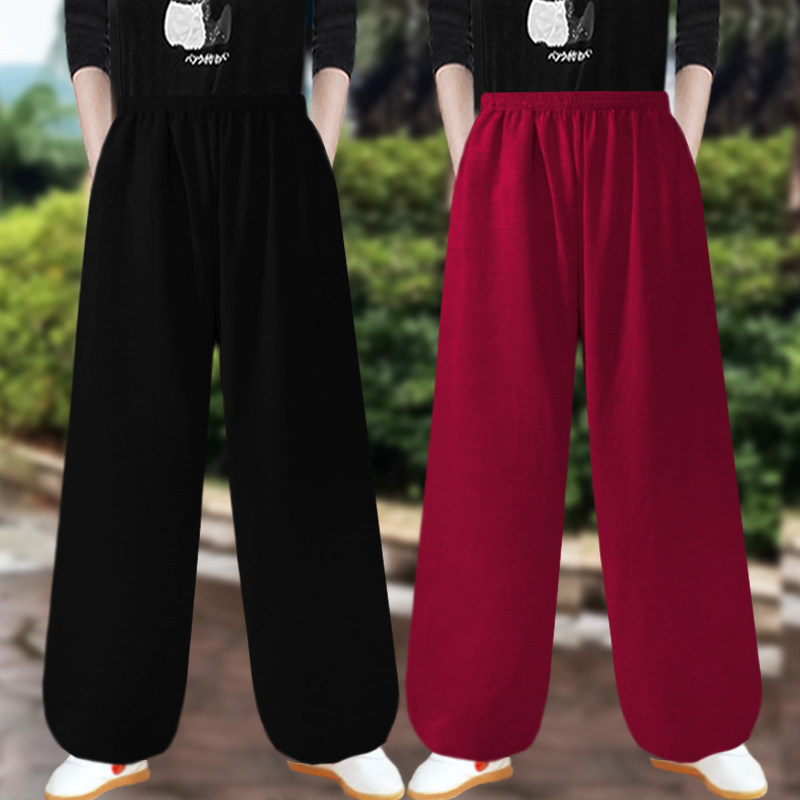 春夏棉麻太极裤男女宽松灯笼裤亚麻健身裤瑜伽裤武术表演裤练功裤