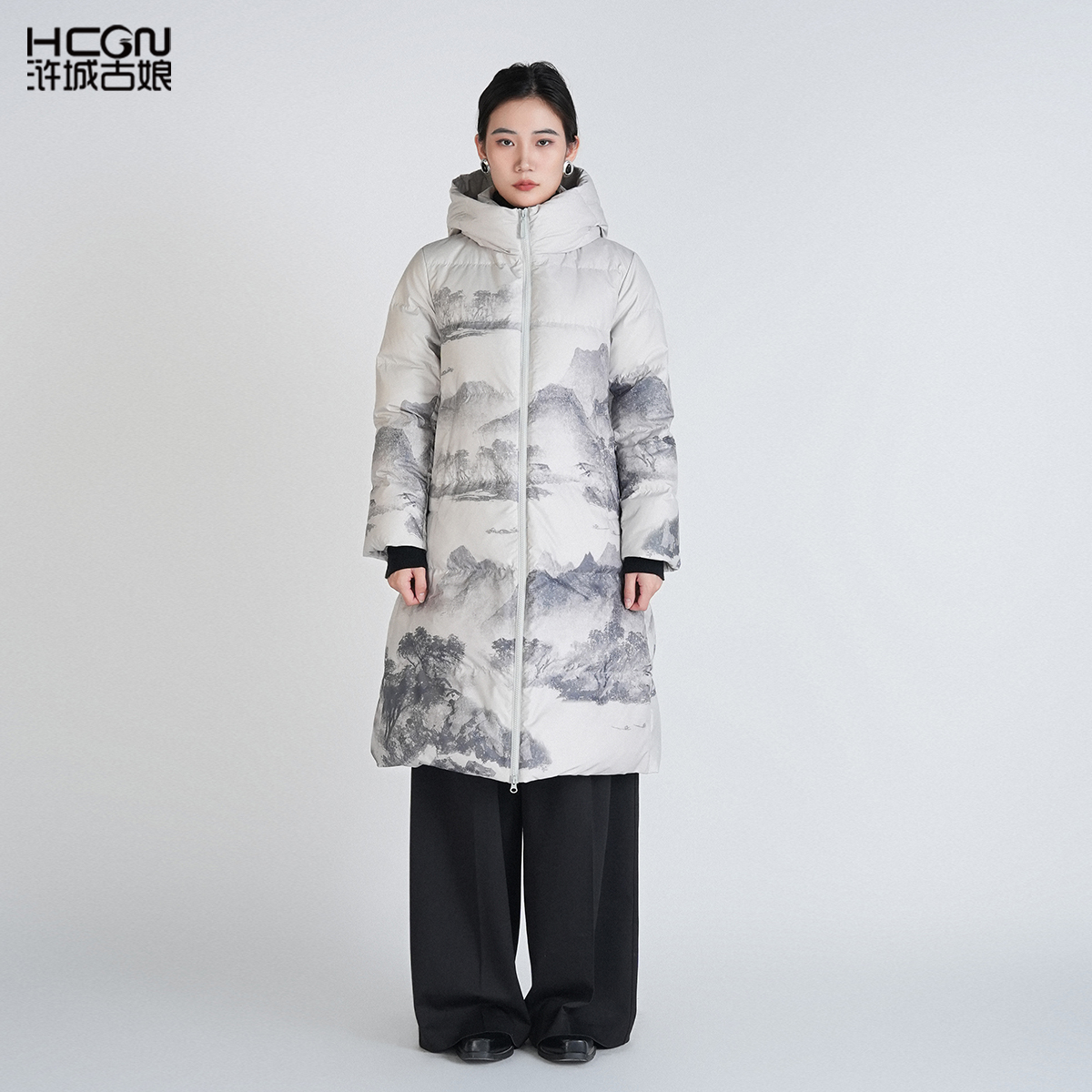 中式印花保暖羽绒服连帽减龄舒适