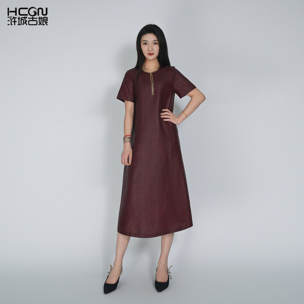 浒城古娘新款复古桑蚕丝气质圆领短袖百搭新中式国风连衣裙女夏季