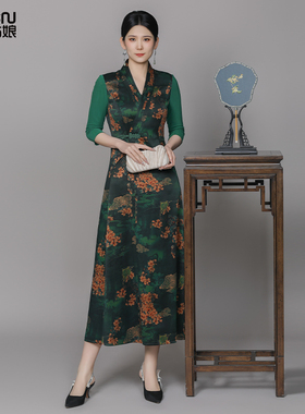 浒城古娘新款印花气质优雅绿色长款新中式国风香云纱连衣裙女夏季